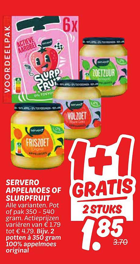 Servero appelmoes of Slurpfruit 1+1 gratis