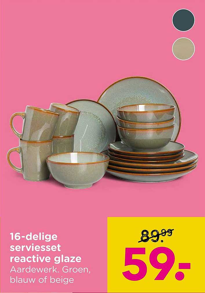 16-delige serviesset reactive glaze Aardewerk. Groen, blauw of beige