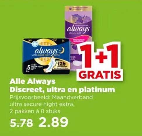 Alle Always Discreet, ultra en platinum 1+1 GRATIS