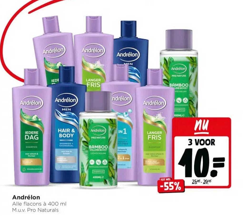 Andrélon Alle flacons à 400 ml M.u.v. Pro Naturals 3 voor 10,- tot wel -55%
