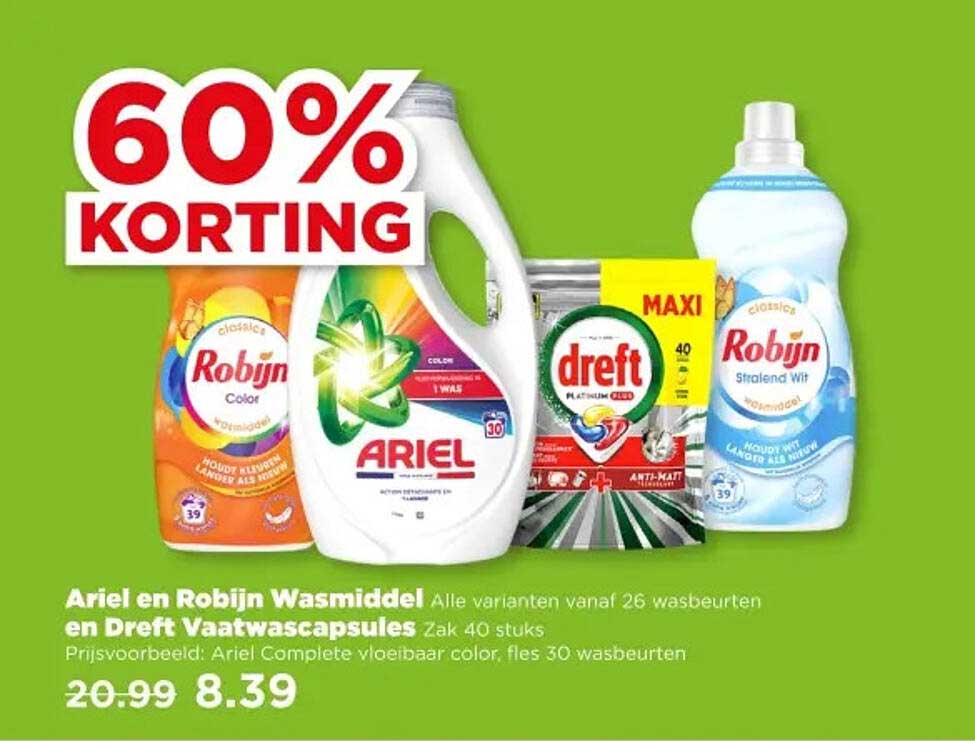 Ariel en Robijn Wasmiddel en Dreft Vaatwascapsules 60% KORTING