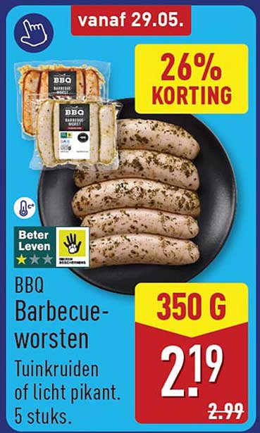 BBQ Barbecue-worsten Tuinkruiden of licht pikant. 5 stuks. 26% KORTING