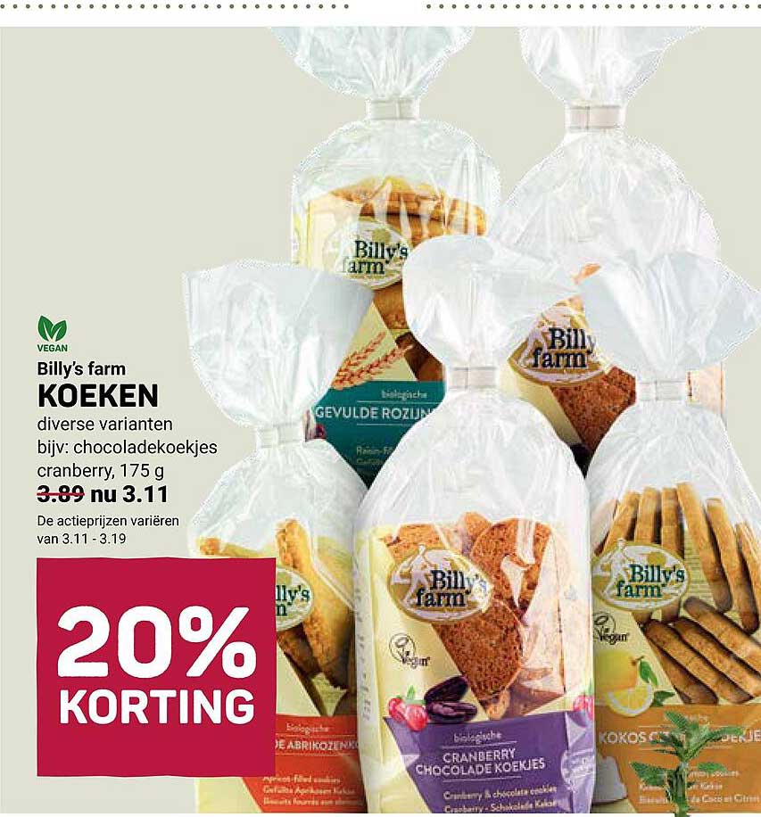 Billy's farm KOEKEN diverse varianten bijv: chocoladekoekjes cranberry, 175 g 20% KORTING