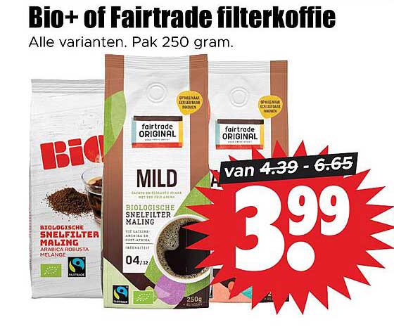 Bio+ of Fairtrade filterkoffie Alle varianten. Pak 250 gram.