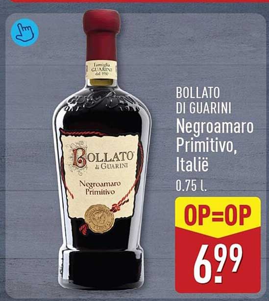 Bollato di Guarini Negroamaro Primitivo, Italië 0.75 l. OP=OP