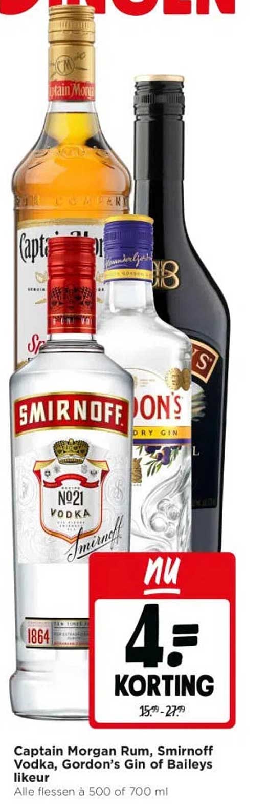 Captain Morgan Rum, Smirnoff Vodka, Gordon’s Gin of Baileys likeur nu 4= korting
