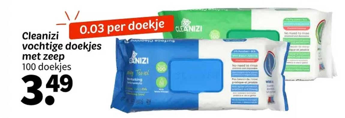 Cleanizi vochtige doekjes met zeep 100 doekjes 0.03 per doekje