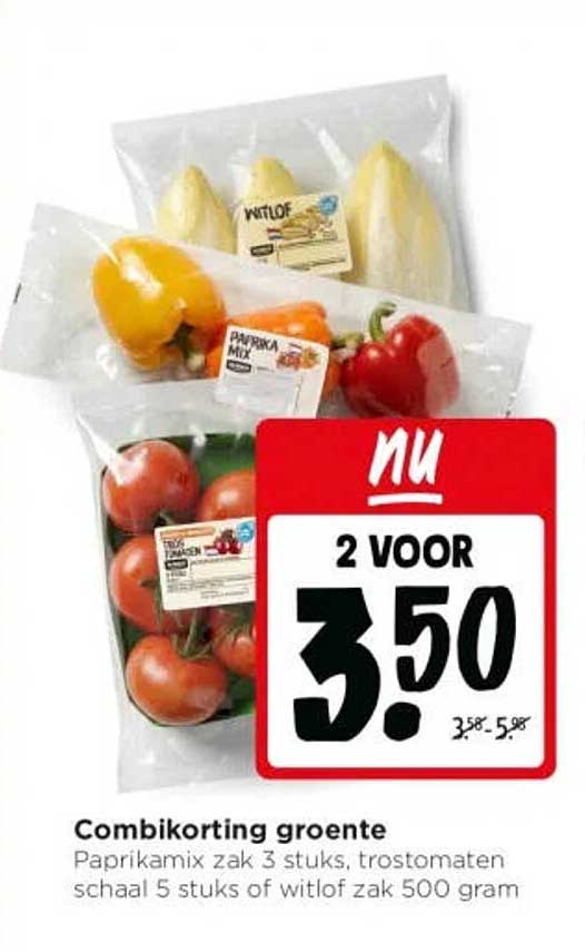 Combi korting groente Paprikamix zak 3 stuks, trostomaten schaal 5 stuks of witlof zak 500 gram