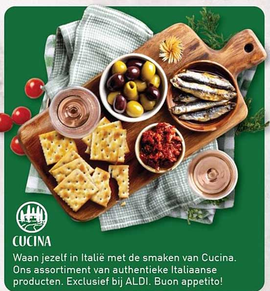 CUCINA Waan jezelf in Italië met de smaken van Cucina. Ons assortiment van authentieke Italiaanse producten. Exclusief bij ALDI. Buon appetito!