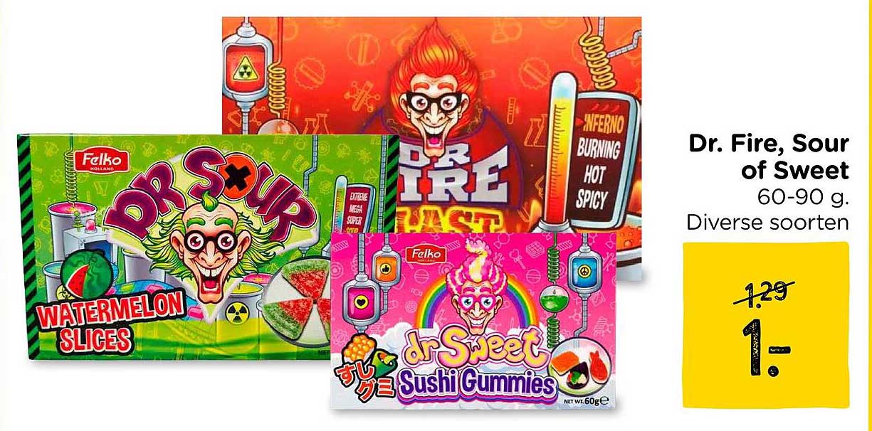 Dr. Fire, Sour of Sweet 60-90 g. Diverse soorten