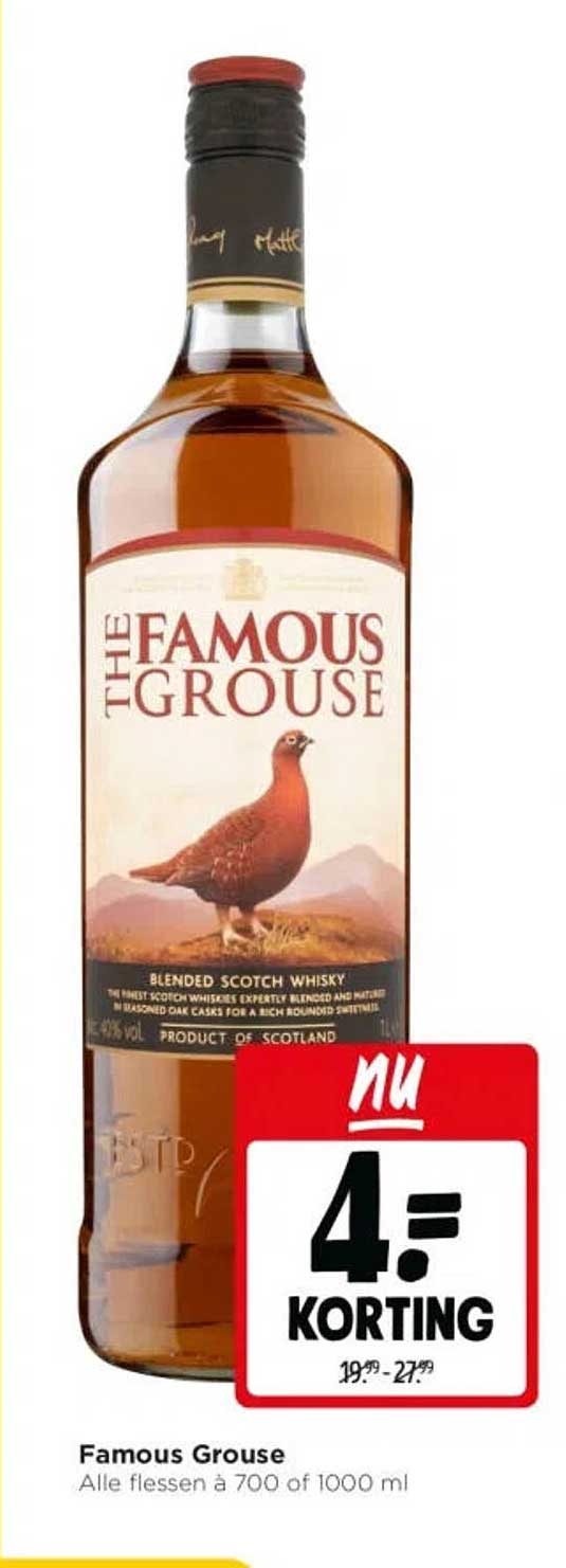 Famous Grouse Alle flessen à 700 of 1000 ml 4.- KORTING