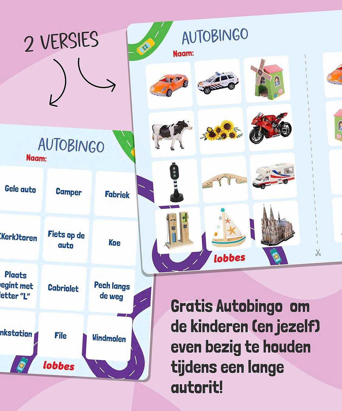 Gratis Autobingo om de kinderen (en jezelf) even bezig te houden tijdens een lange autorit!
