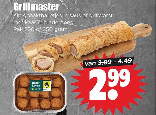 Grillmaster Kip gehaktballetjes in saus of grillworst met kaas in bladerdeeg. Pak 250 of 350 gram.