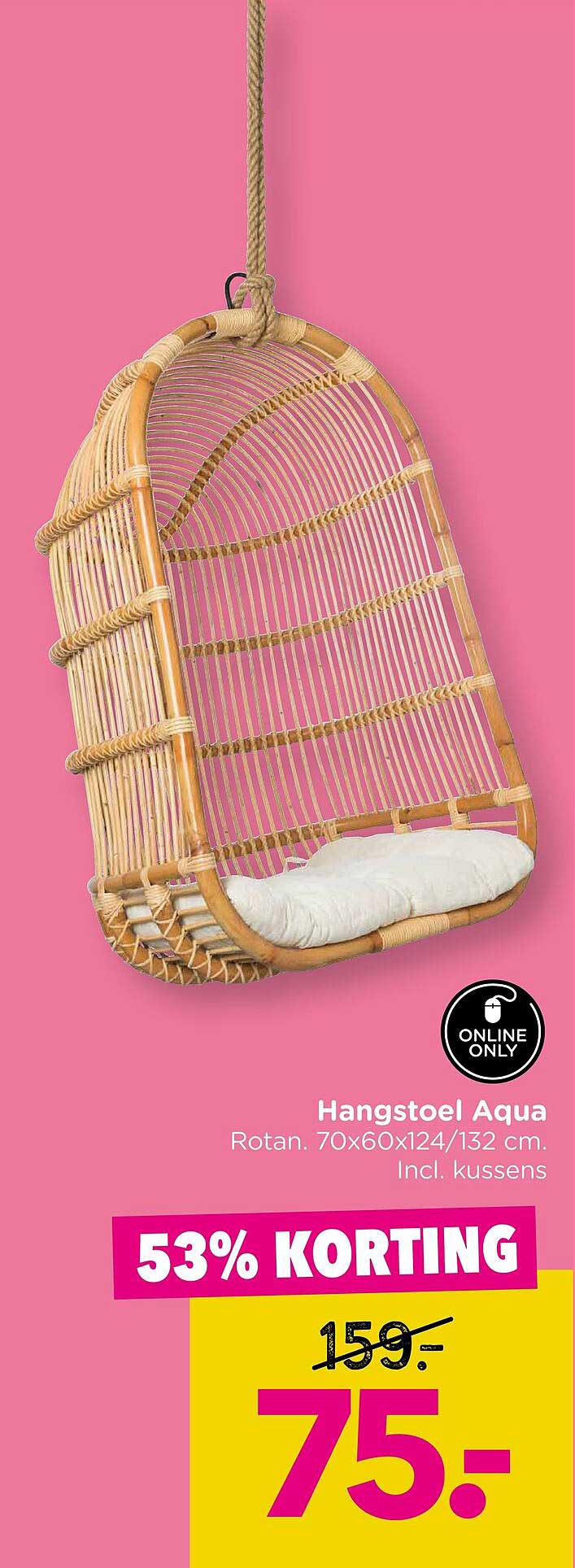 Hangstoel Aqua Rotan. 70x60x124/132 cm. Incl. kussens 53% KORTING