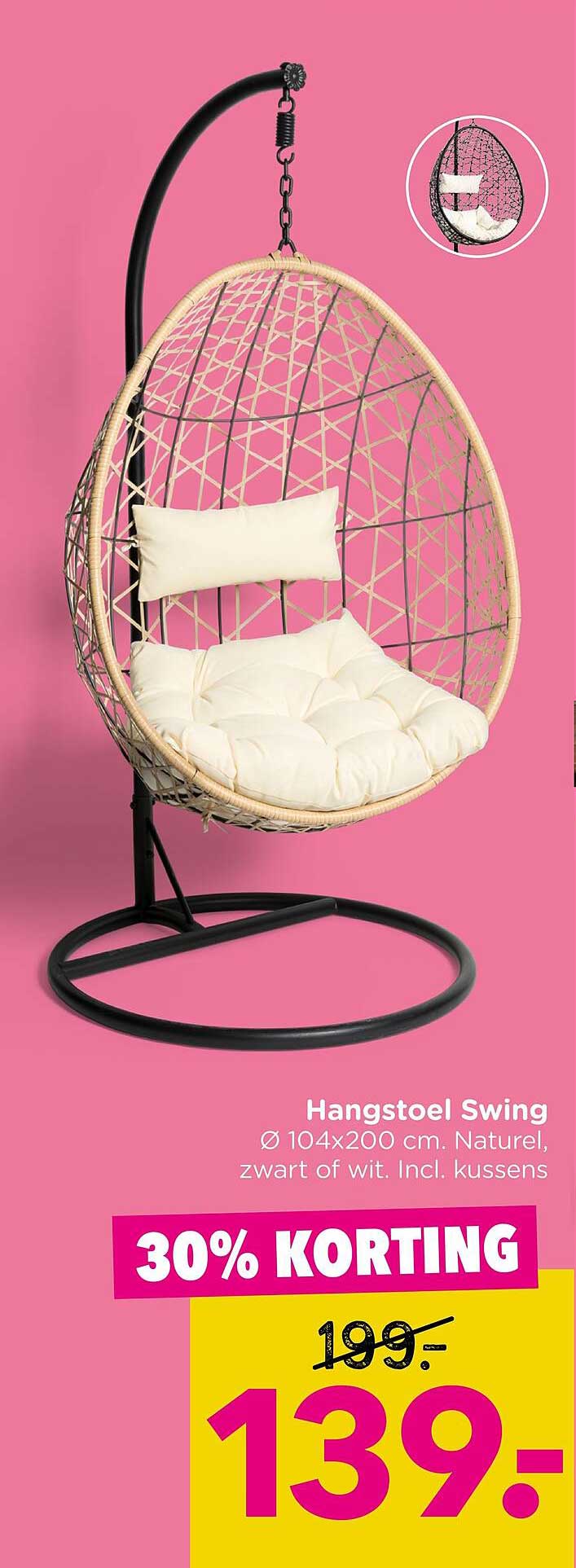 Hangstoel Swing Ø 104x200 cm. Naturel, zwart of wit. Incl. kussens 30% KORTING