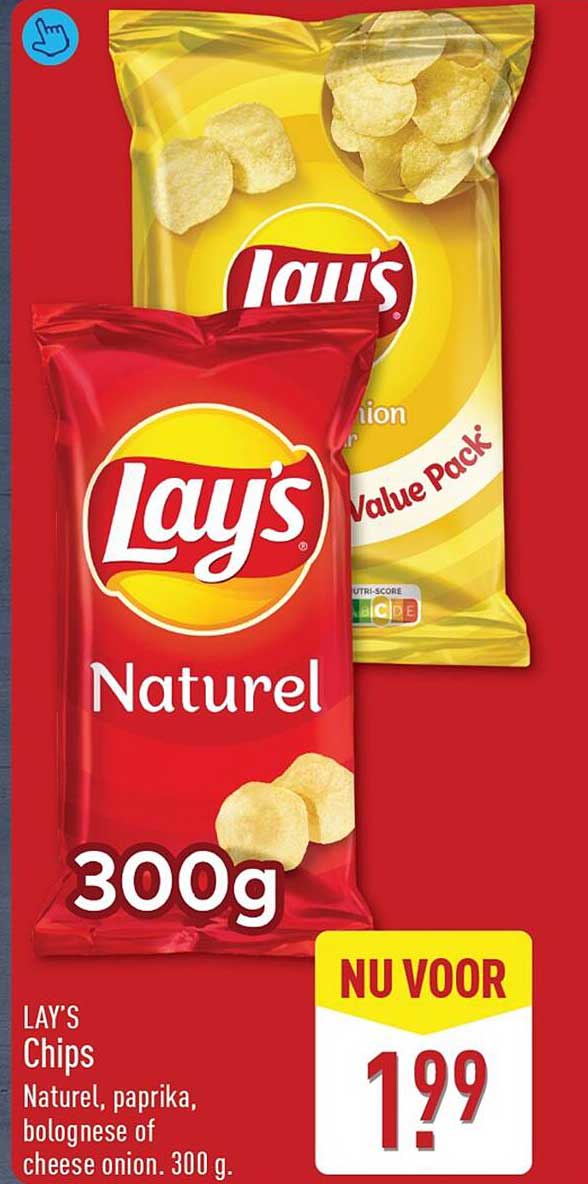 LAY'S Chips Naturel, paprika, bolognese of cheese onion. 300 g.