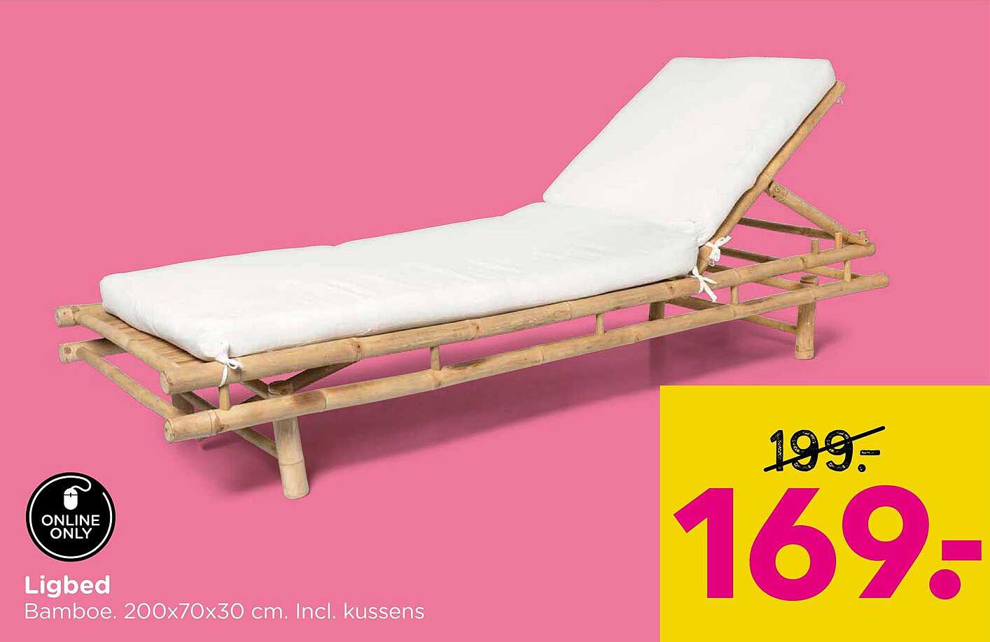 Ligbed Bamboe. 200x70x30 cm. Incl. kussens