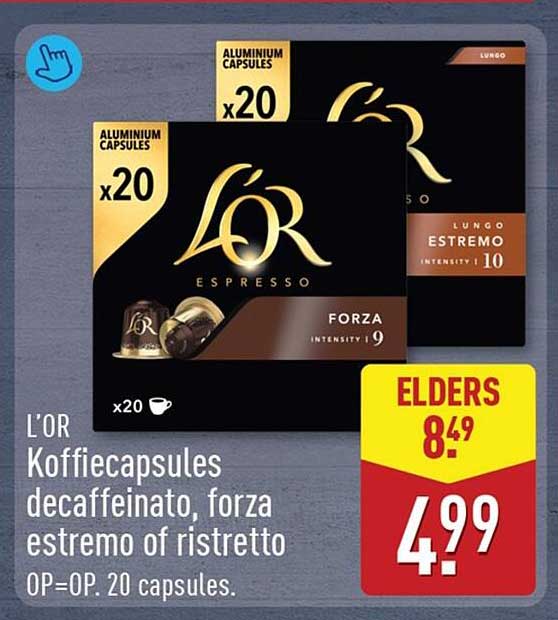 L’OR Koffiecapsules decaffeinato, forza extremo of ristretto OP=OP. 20 capsules.