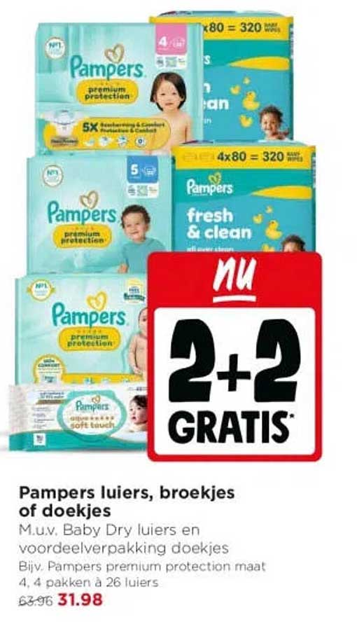 Pampers luiers, broekjes of doekjes 2+2 gratis