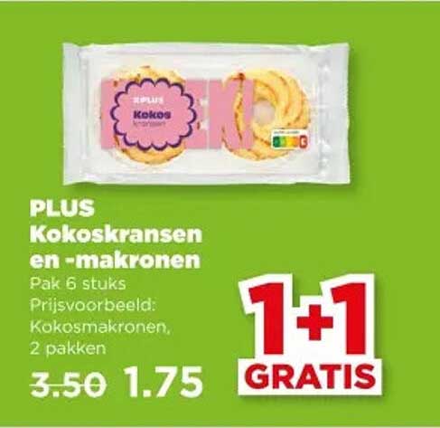 PLUS Kokoskransen en -makronen Pak 6 stuks 1+1 GRATIS