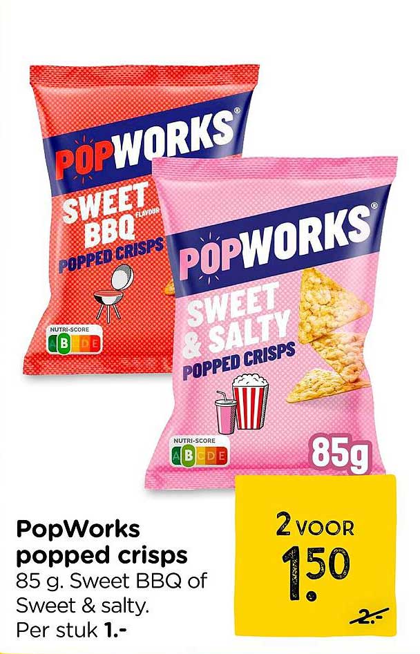 PopWorks popped crisps 85 g. Sweet BBQ of Sweet & salty.