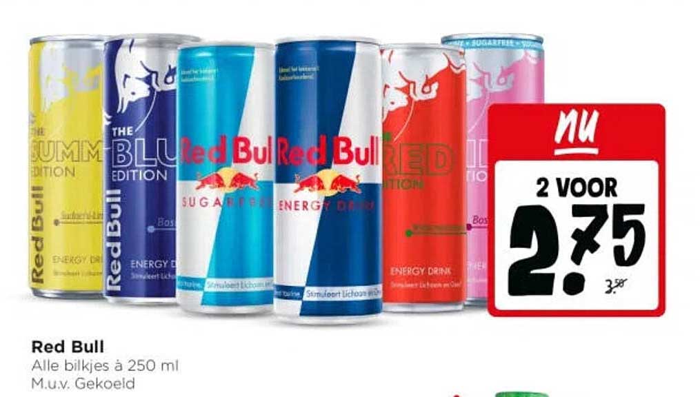 Red Bull Alle blikjes à 250 ml M.u.v. Gekoeld 2 voor 2.75
