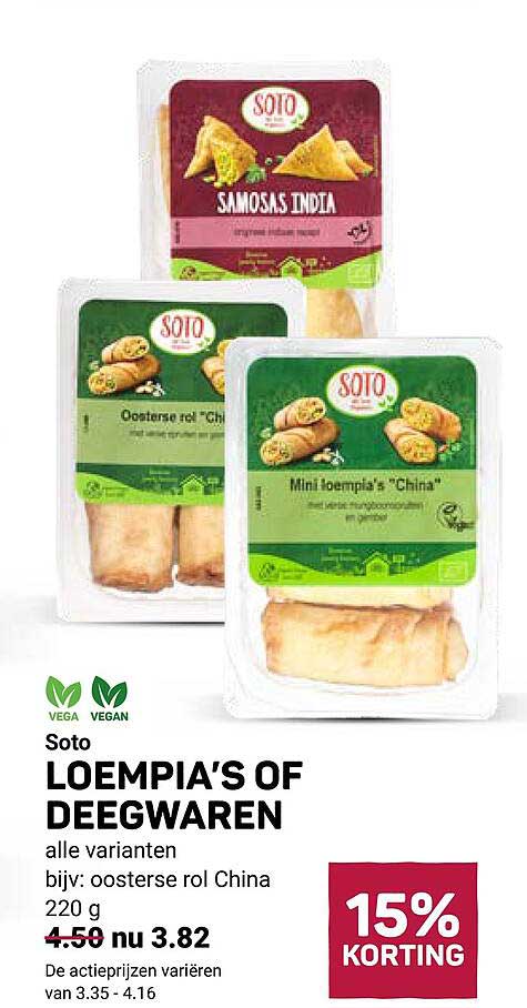 Soto LOEMPIA’S OF DEEGWAREN alle varianten bijv: oosterse rol China 220 g 15% KORTING