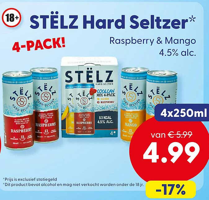 STËLZ Hard Seltzer 4-PACK! Raspberry & Mango 4.5% alc. 4x250ml
