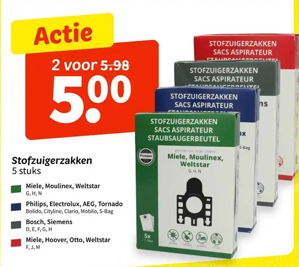 Stofzuigerzakken 5 stuks 2 voor 5.98 5.00