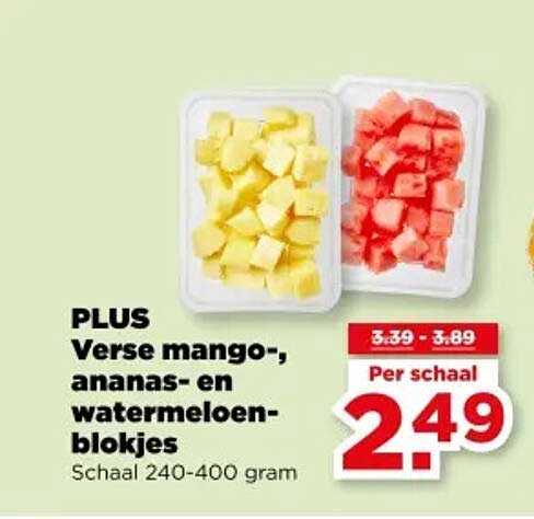 Verse mango-, ananas- en watermeloenblokjes