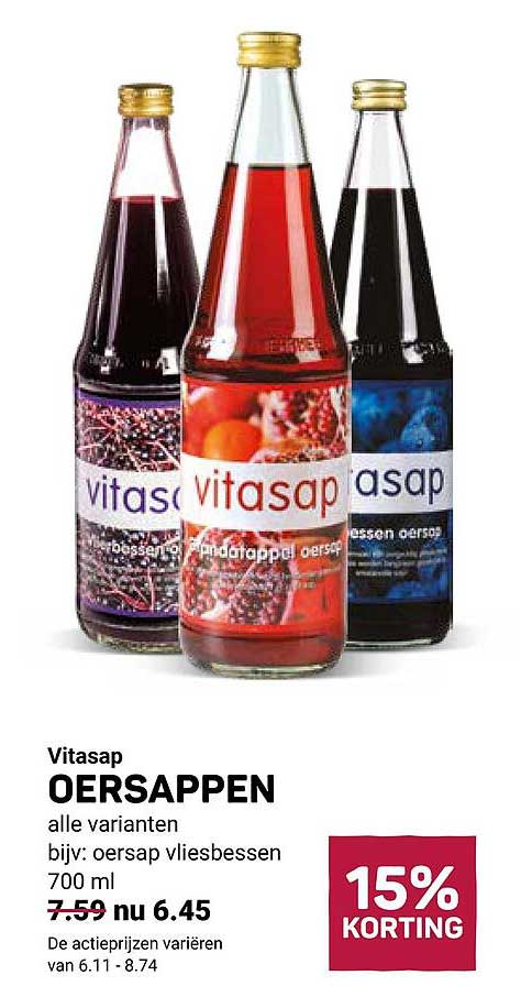Vitasap OERSAPPEN alle varianten bijv: oersap vliesbessen 700 ml 15% KORTING
