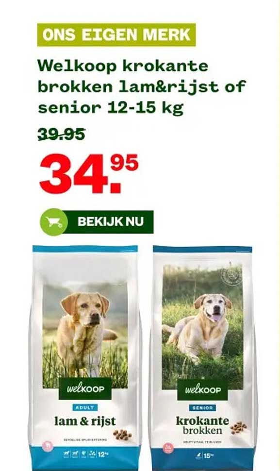 Welkoop krokante brokken lam&rijst of senior 12-15 kg