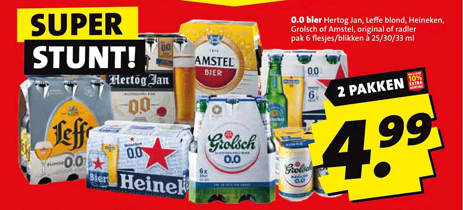 0.0 bier Hertog Jan, Leffe blond, Heineken, Grolsch of Amstel, original of radler pak 6 flesjes/blikken à 25/30/33 ml 2 pakken inclusief 10% extra korting