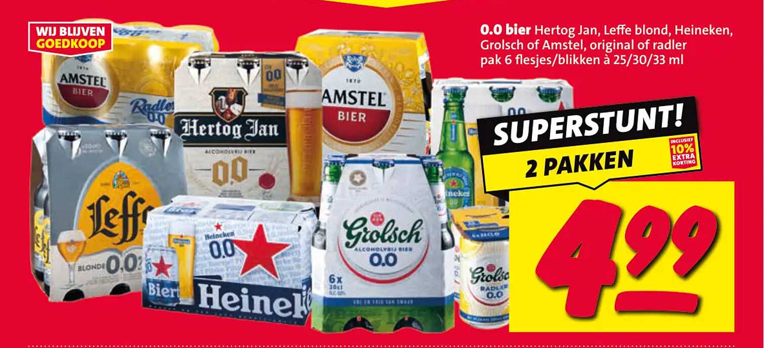 0.0 bier Hertog Jan, Leffe blond, Heineken, Grolsch of Amstel, original of radler pak 6 flesjes/blikken à 25/30/33 ml 2 pakken SUPERSTUNT! inclusief 10% extra korting