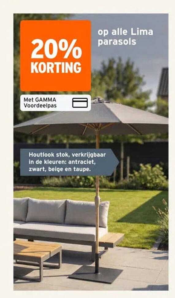 20% korting op alle Lima parasols