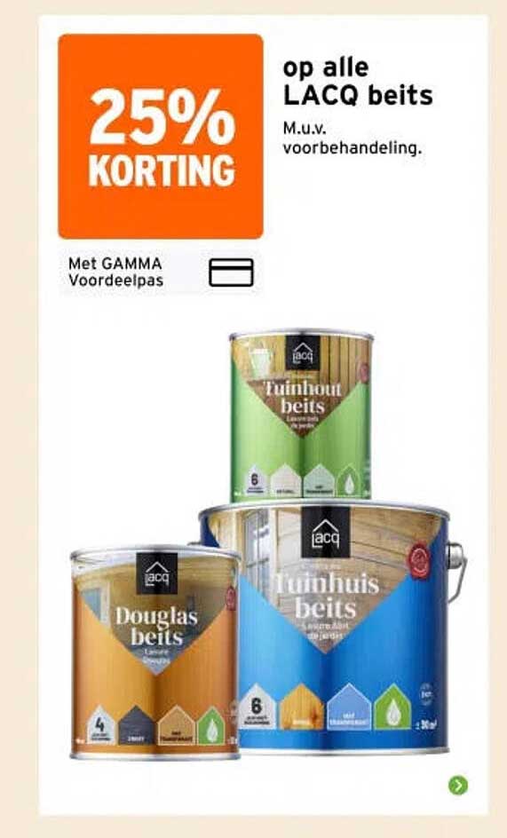 25% KORTING op alle LACQ beits M.u.v. voorbehandeling.