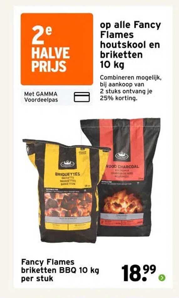 2e halve prijs op alle Fancy Flames houtskool en briketten 10 kg