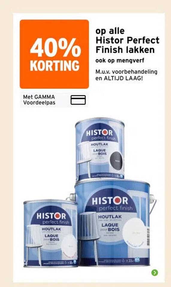 40% korting op alle Histor Perfect Finish lakken, ook op mengverf