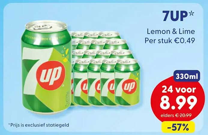 7UP Lemon & Lime 330ml 24 voor 8.99 -57%