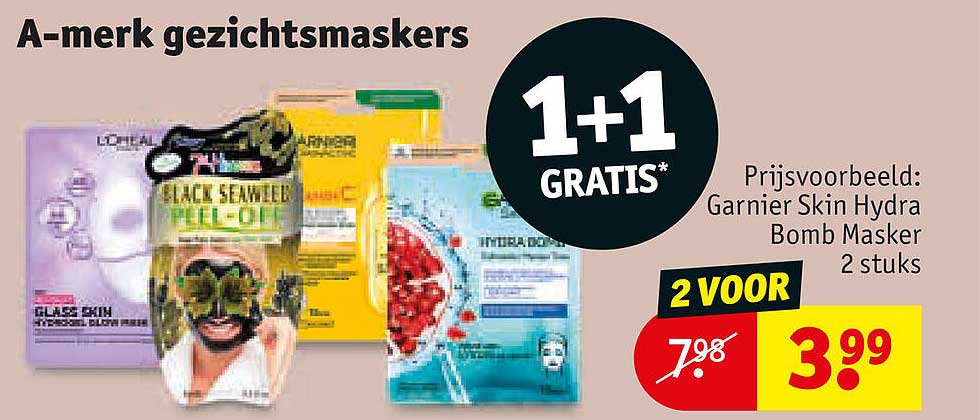 A-merk gezichts maskers 1+1 GRATIS*