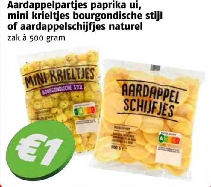 Aardappelpartjes paprika ui, mini krieltjes bourgondische stijl of aardappelschijfjes naturel
