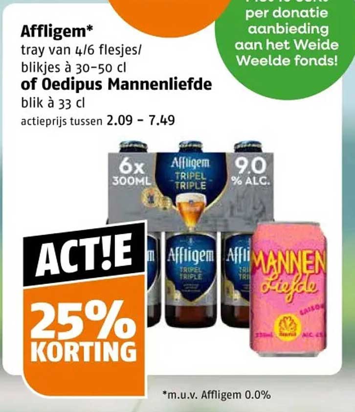 Affligem* tray van 4/6 flesjes/blikjes à 30-50 cl of Oedipus Mannenliefde blik à 33 cl ACTIE 25% KORTING