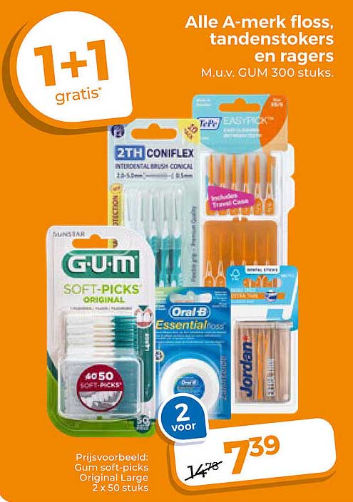 Alle A-merk floss, tandenstokers en ragers 1+1 gratis