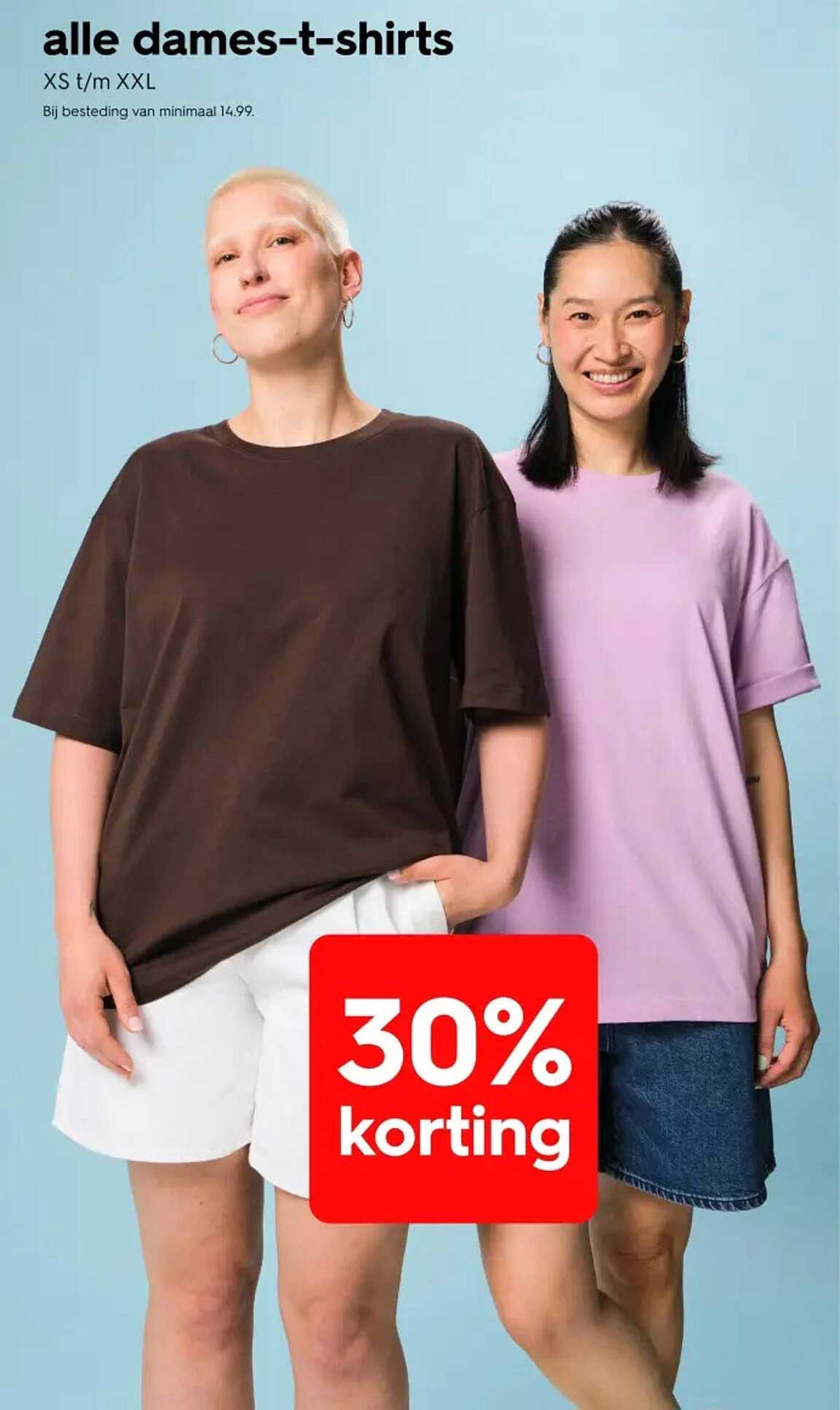 alle dames-t-shirts XS t/m XXL 30% korting
