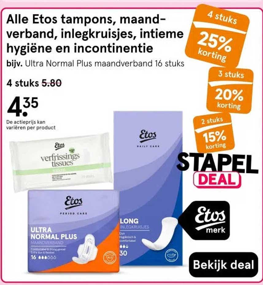 Alle Etos tampons, maandverband, inlegkruisjes, intieme hygiëne en incontinentie