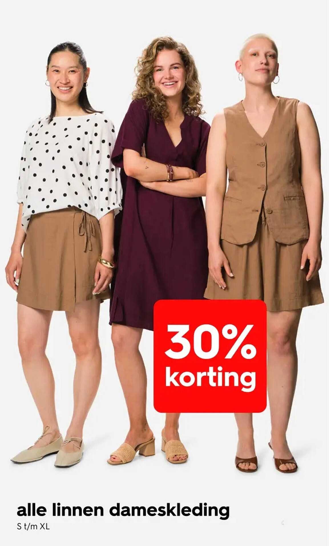 alle linnen dameskleding S t/m XL 30% korting