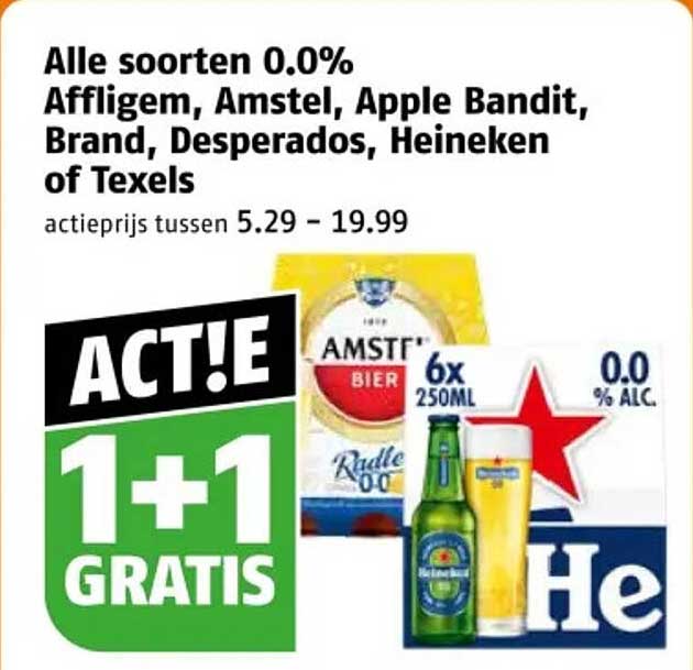 Alle soorten 0.0% Affligem, Amstel, Apple Bandit, Brand, Desperados, Heineken of Texels 1+1 GRATIS