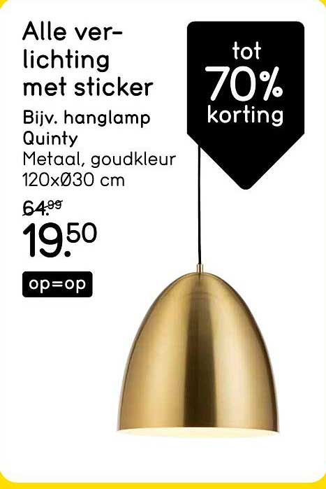 Alle verlichting met sticker - Bijv. hanglamp Quinty Metaal, goudkleur 120xØ30 cm - tot 70% korting