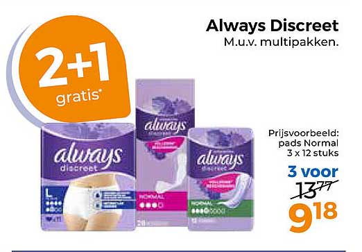 Always Discreet M.u.v. multipakken. 2+1 gratis