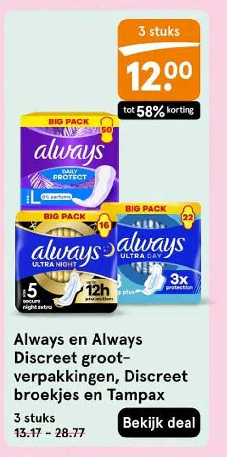 Always en Always Discreet groot-verpakkingen, Discreet broekjes en Tampax 3 stuks